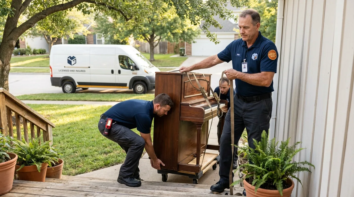 Licensed piano movers securing grand piano in Salem, WV