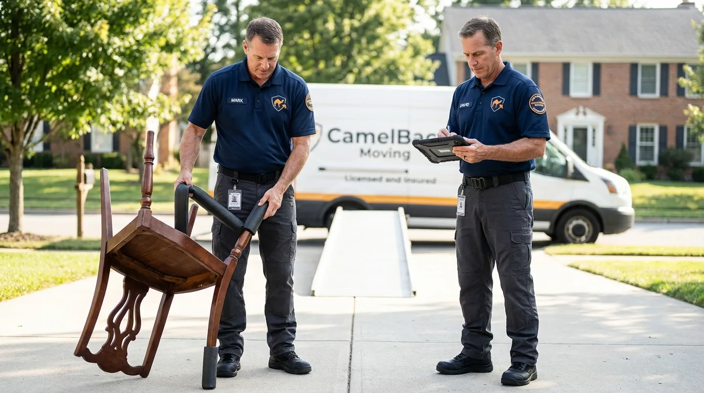 Movers inspecting furniture for damage prevention before loading in Salem, WV