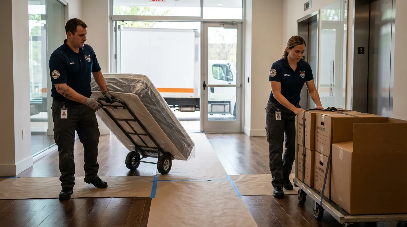 Professional apartment movers loading elevator in Salem, WV